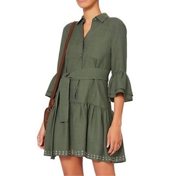 Derek Lam 10 Crosby Grommet Hem Green Ruffle Sleeve Shirt Dress Sz 6 - Picture 1 of 17